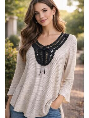 Ella Mara Boho Blouse Black Lace Trim Lace-Up Striped Tunic Long Sleeve NWOT